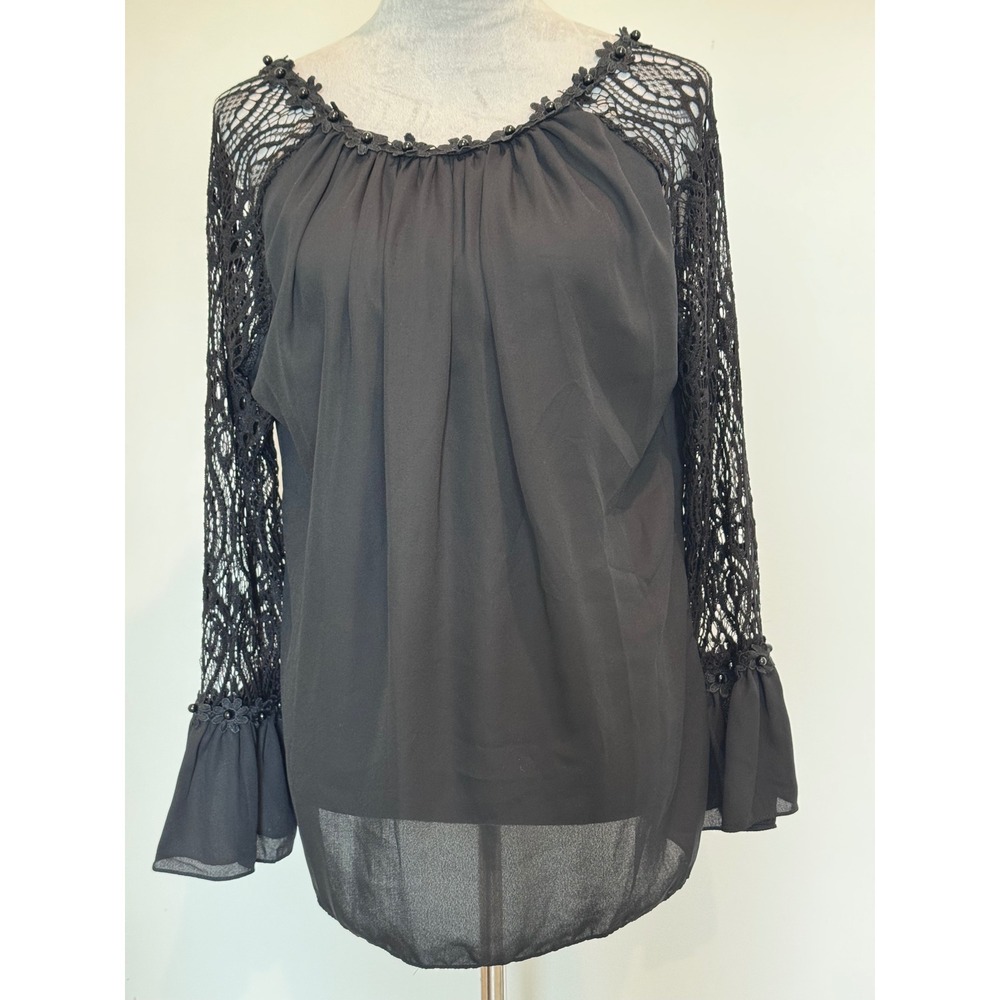 Black Whimsigoth Crochet Lace Bell Sleeve Chiffon Floral Neckline Top Large